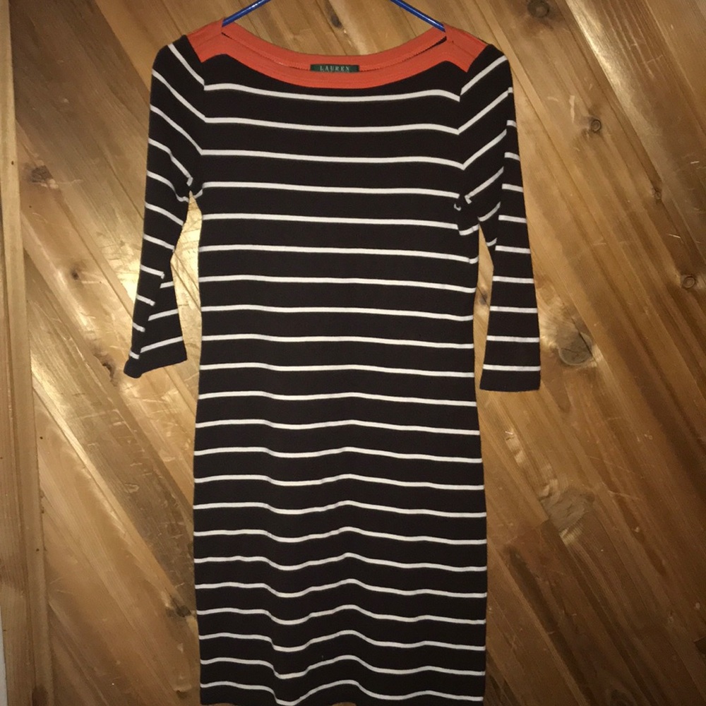 Lauren Ralph Lauren Black and White Striped Knit Dress with Orange Trim